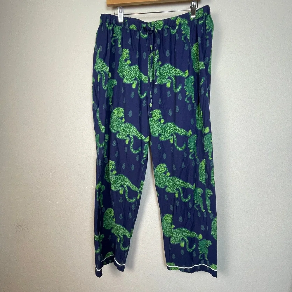 Saatvik Navy‎ Lounge Leopard Print Pajama Set Long Sleeve Pants Women's Sz L